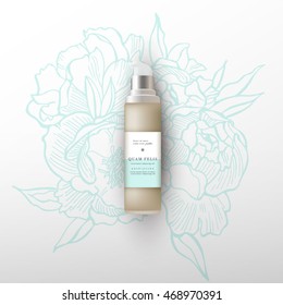 Beige realistic tube mock-up for cream dispenser, lotion, gel, medicine cream, tone cream, ointment, concealer, salve. Cosmetic vial with design label. Flowers peonies background.