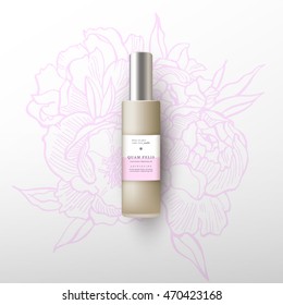 Beige realistic tube mock-up for cream dispenser, lotion, gel, medicine cream, tone cream, ointment, concealer, salve. Cosmetic vial with design label. Flowers peonies background.