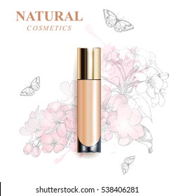 Beige realistic tube mock-up for cream dispenser, lotion, gel, medicine cream, tone cream, ointment, concealer, salve. Cosmetic vial with design label. Flowers  background.