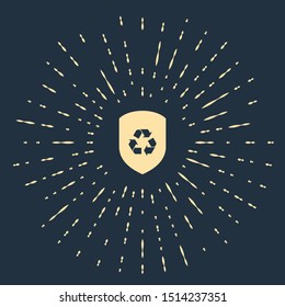 Beige Recycle symbol inside shield icon isolated on dark blue background. Eco protection sign. Abstract circle random dots. Vector Illustration