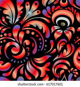 In beige and red colors on a black background. Ikat damask seamless pattern background tile. Vector illustration.