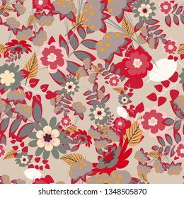 Beige, red and gray texture. A seamless vector background. Wallpaper in the floral style. Graphic vector pattern. Floral ornament.