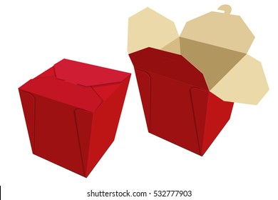 Beige red paper container of Chinese food. Storage Box delivery. Vector illustration