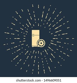 Beige Refrigerator and gear icon isolated on dark blue background. Adjusting app, service concept, setting options, maintenance, repair, fixing. Abstract circle random dots. Vector Illustration
