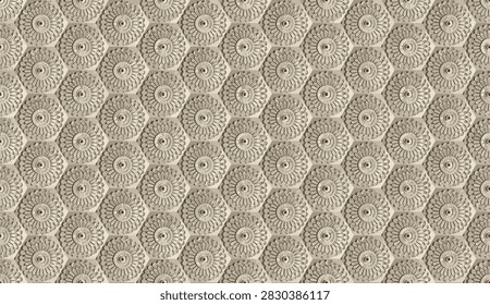 Beige relief carved circular rosette pattern background with 3D mandala medallions and detailed stone bas-relief texture, hand drawing digital illustration of decorative carved wall tile for modern interior design, accent wall, and backdrop wallpaper.