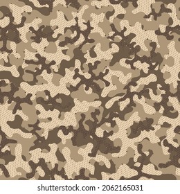 Beige Repeated Monochrome Vector Wallpaper. Khaki Repeated Military Vector Print. Desert Camouflage Seamless Pattern. Camouflage Clothes Autumn Seamless Soldier Graphic Clouds. Camoflage