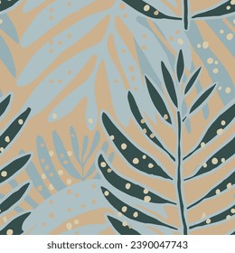 Beige Repeated Summer Spring Palm Artwork Pattern. Khaki Camouflage Abstract Bloom Flora Surface Background. Pastel Seamless Floral Garden Flower Vector.