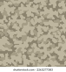 Beige Repeated War Geometric Combat Background. Seamless Black Abstract Graphic Soldier Wallpaper.  Khaki Repeated Grunge Digital Military Print. Desert Pixel Camouflage Backdrop. 