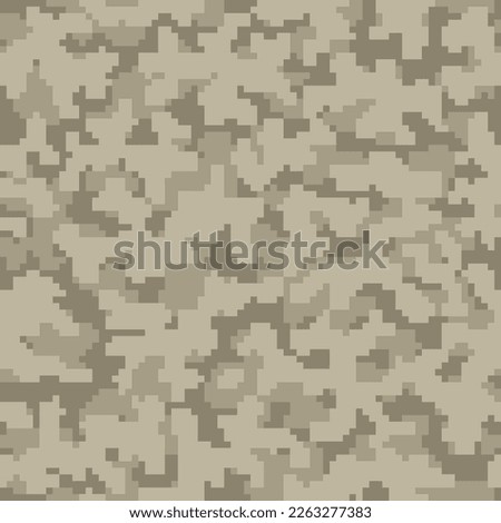 Beige Repeated War Geometric Combat Background. Seamless Black Abstract Graphic Soldier Wallpaper.  Khaki Repeated Grunge Digital Military Print. Desert Pixel Camouflage Backdrop. 