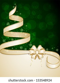 Beige ribbon in the form of Christmas tree with stars and snowflakes on green background, illustration.