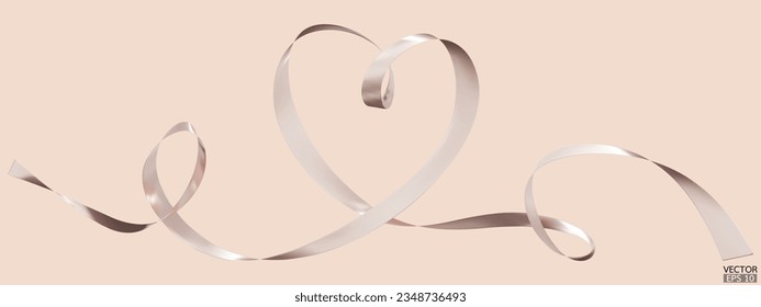Beige ribbons heart isolated on beige background. Continuous ribbon line art drawing. Element for Valentine's day, mother's day wedding and print. 3D vector illustration.