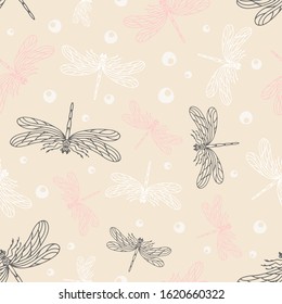 Beige romantic summer dragonfly, beetle seamless pattern background. Abstract seamless background. Can be used for packaging, textiles, web design.