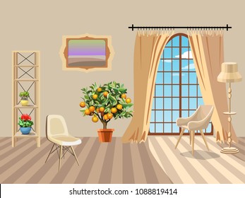 Beige Room With A Large Window And Golden Curtains. Modern Interior Design. Wooden Furniture And A Picture. Orange Tree And Houseplant In A Pot. Vector Illustration.

