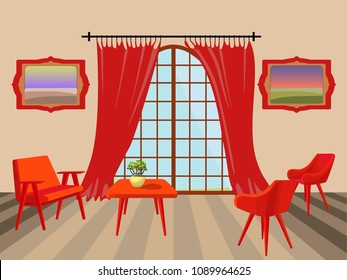 Beige room with a large window and red curtains. Eastern interior design. Red furniture, paintings and houseplant in a pot. Vector illustration.