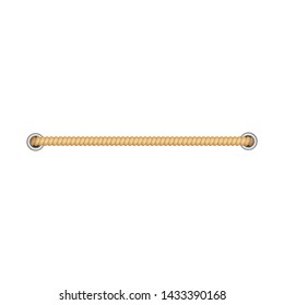 Beige rope border stitch with two holes, straight isolated cord line for marine border decoration, part of a realistic cable on white background - vector illustration