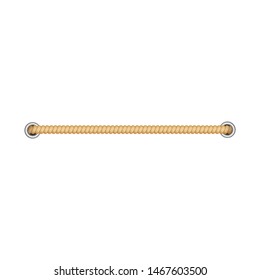 Beige rope border stitch with two holes, straight isolated cord line for marine border decoration, part of a realistic cable on white background - vector illustration
