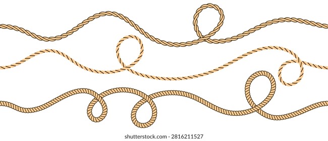Beige rope wave pattern collection. Repeated brown squiggle curve thread lace set. Repeating hemp cord motif bundle. Wiggly braid twine plait loops. Tangled chain, wire or yarn string tie pack. Vector