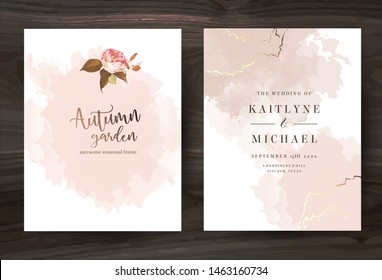 Beige and rose gold watercolor style vector design cards. Taupe, creamy, sepia color frames with brush art. Elegant wedding invitation.Splash texture.Boho style.Trendy collection.Isolated and editable