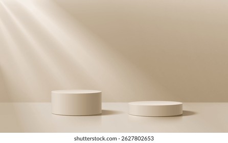 Beige round podium background in 3D luxury studio room scene. Abstract geometric composition in minimalist design. Studio display showroom stand product pedestal, Fashion stage showcase mockup scene.