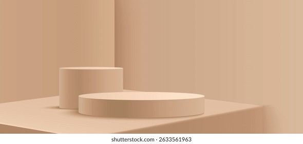Beige round podium display on light brown background. Minimal empty platform for product showcase or presentation. Abstract realistic 3d stage with soft light and shadow. Pastel monochrome scene.