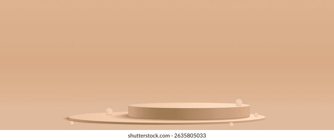 Beige round podium display on light brown background. Minimal empty platform for product showcase or presentation. Abstract realistic 3d stage with small spheres. Pastel monochrome scene.