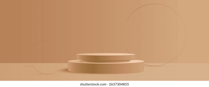 Beige round podium display on light brown background. Minimal empty platform for product showcase or presentation. Abstract realistic 3d stage with thin rings. Pastel monochrome scene.