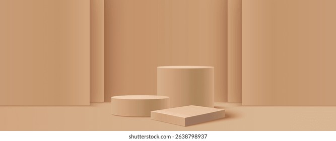 Beige round podium display on light brown background. Minimal empty platform for product showcase or presentation. Abstract realistic 3d stage with layered wall. Pastel monochrome scene.