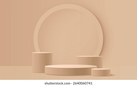 Beige round podium display on light brown background. Minimal empty platform for product showcase or presentation. Abstract realistic 3d stage with soft light and shadow. Pastel monochrome scene.