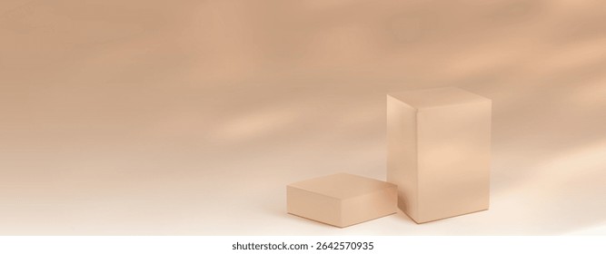 Beige round podium display on light brown background. Minimal empty platform for product showcase or presentation. Abstract realistic 3d stage with soft light and shadow. Pastel monochrome scene.