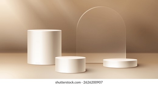 Pódios redondos bege em diferentes tamanhos com arco de vidro - suportes cilíndricos ou pedestais para exibição de produtos. Formas geométricas minimalistas, cores sólidas. 3d pastel bg com luz natural e sombras.
