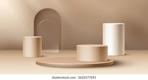 Beige round podiums in different sizes with glass arch - cylindrical stands or pedestals for product display. Minimalist geometric shapes, solid colors. 3d pastel bg with natural light and shadows.