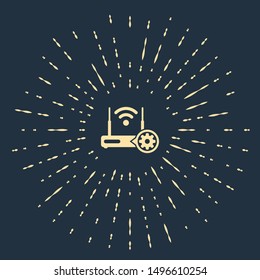 Beige Router and wi-fi signal and gear icon on dark blue background. Adjusting app, service concept, setting options, maintenance, repair, fixing. Abstract circle random dots. Vector Illustration