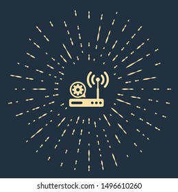 Beige Router and wi-fi signal and gear icon on dark blue background. Adjusting app, service concept, setting options, maintenance, repair, fixing. Abstract circle random dots. Vector Illustration