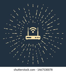 Beige Router and wi-fi signal symbol icon isolated on dark blue background. Wireless ethernet modem router. Computer technology internet. Abstract circle random dots. Vector Illustration