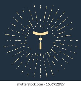 Beige Sausage on the fork icon isolated on blue background. Grilled sausage and aroma sign. Abstract circle random dots. Vector Illustration