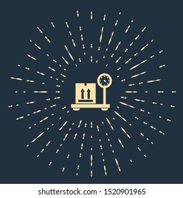 Beige Scale with cardboard box icon isolated on dark blue background. Logistic and delivery. Weight of delivery package on a scale. Abstract circle random dots. Vector Illustration