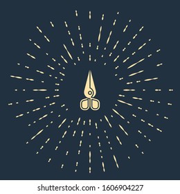 Beige Scissors icon isolated on blue background. Cutting tool sign. Abstract circle random dots. Vector Illustration