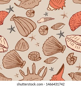 Beige Sea Shell vector seamless pattern. Can be used for desktop/mobile backgrounds, wallpaper, wrapping gifts, packaging design projects. Surface pattern design.