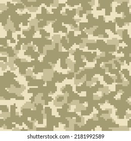 Beige Seamless Abstract Graphic Camo Backdrop. Repeated Dark Graphic Pixel Combat Fabric.  Green Seamless Colorful Digital Camouflage Wallpaper. Brown Geometric Army Background. 