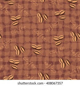 Beige seamless background with scattering of coffee beans and lettering. Design for cards, wallpaper, posters, clothes. Vector illustration.