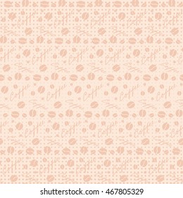 Beige seamless background with scattering of coffee beans and lettering. Seamless coffee pattern in pale beige colors. Design for cards, wallpaper, posters, clothes. Vector illustration