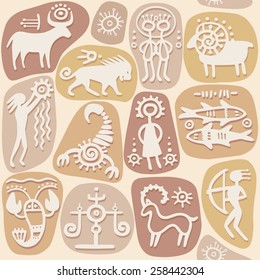 Beige seamless background: zodiac signs. Horoscope. Ethnic style. 