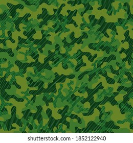 Beige Seamless Halftone Vector Backdrop. Camouflage Texture Brown Repeated Military Graphic Art. Khaki Camouflage Seamless Pattern. Olive Repeated Abstract Graphic Design. Green