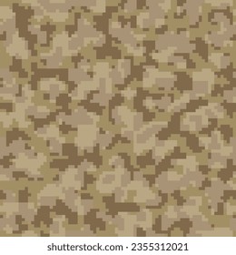 Beige Seamless Monochrome Graphic Army Design. Repeated Green Colorful Geometric Soldier Textile.  Desert Seamless Color Pixel Camouflage Texture. Khaki Vector Camo Pattern. 