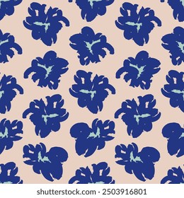Beige seamless pattern with abstract blue flowers. Vector square background, illustration, print, design. Japanese style
