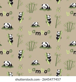Beige seamless pattern with adorable pandas and bamboo — flat vector design for eco packaging, children’s textiles, and playful nature themes