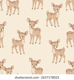 Beige Seamless Pattern with Baby Deers Hand Drawn Forest Animal Vector for Kids
