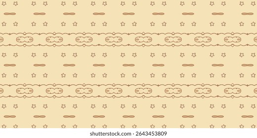 Beige seamless pattern with brown line-art stars and abstract shapes. Warm and retro-inspired style suitable for vintage textiles, stationery, or digital use.