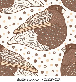 Beige seamless pattern with bullfinch.