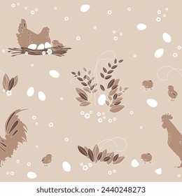 Beige seamless pattern with chickens, roosters, chicks eggs and flowers. Vector